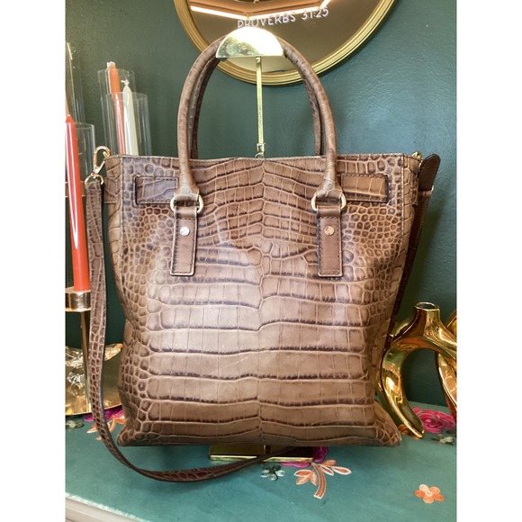Michael Kors Croc Embossed Leather Tote Bag Gold Hardware Top Handle Bag - Picture 3 of 7